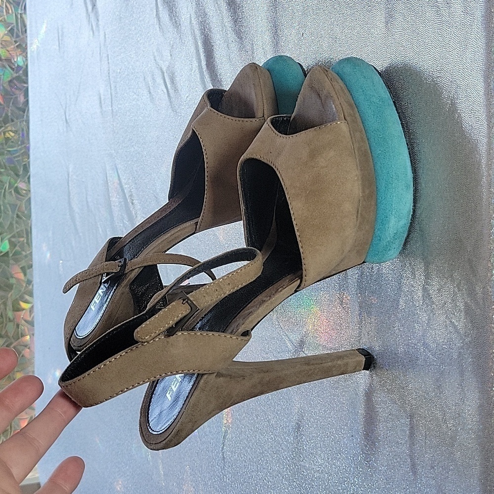 Fendi Vintage Teal & Grey Suede  Platform Peep Toe High Heel Sandal SZ:37/6.5